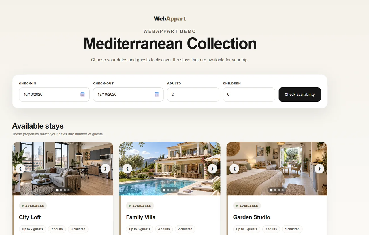 Πραγματικό screenshot του WebAppart demo με αναζήτηση διαθεσιμότητας και διαθέσιμα καταλύματα